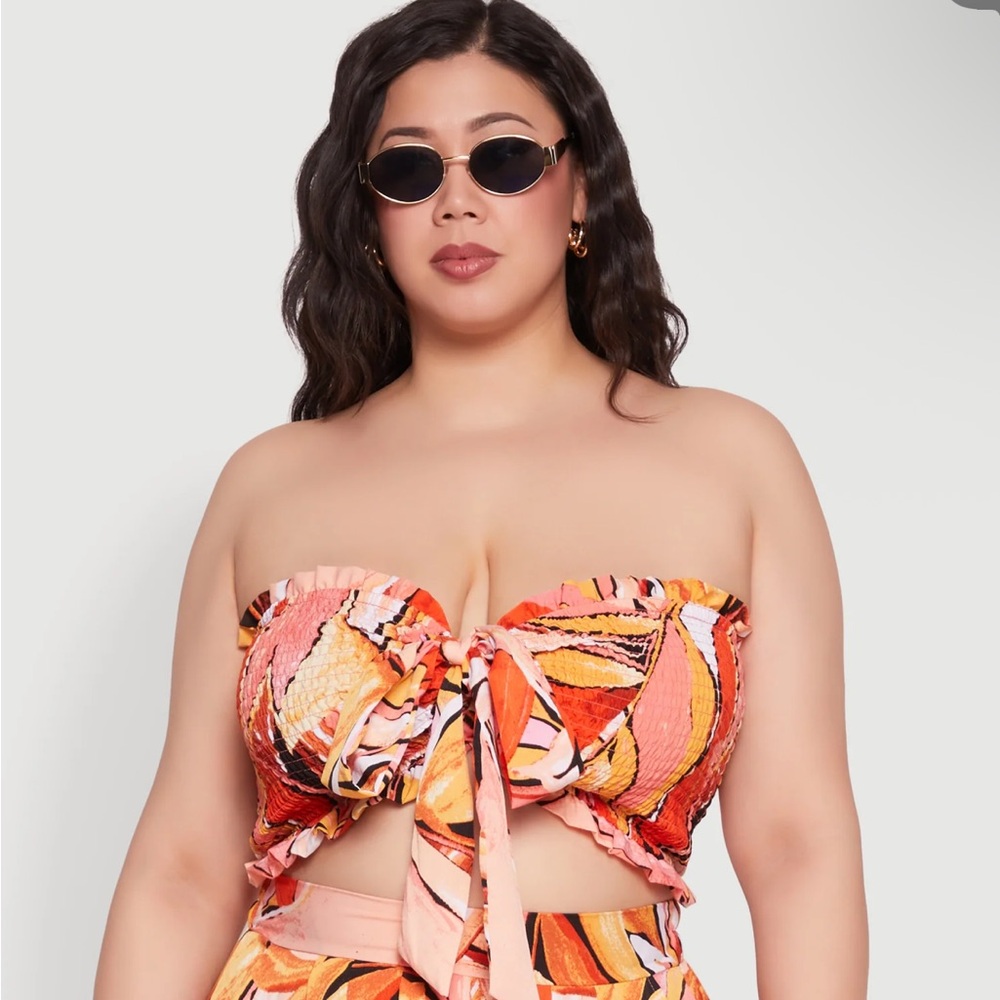 Rainbow Strapless Tropical Crop Top - Orange and Pink